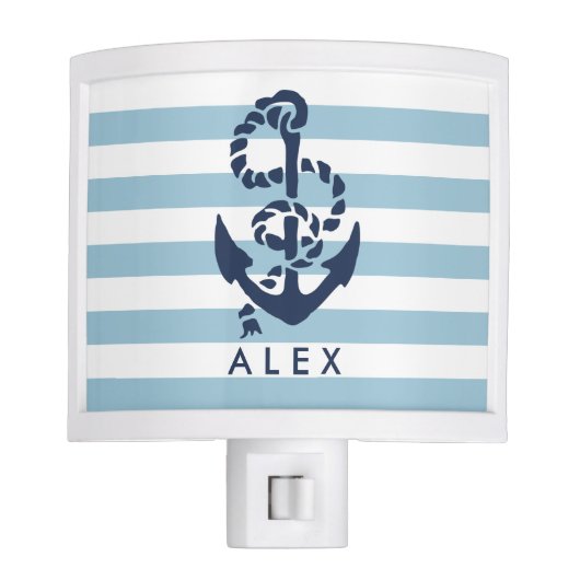 Nautical Nursery Blue Stripe Anchor Personalized Night Light (Front)
