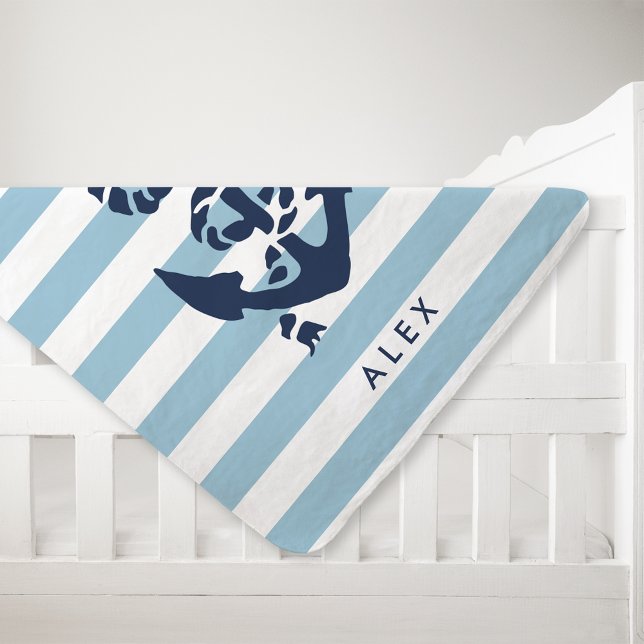 Nautical Nursery Blue Stripe Anchor Personalized Stroller Blanket (Creator Uploaded)