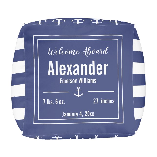Nautical Nursery Blue & White Stripes & Anchors Pouf (Top)