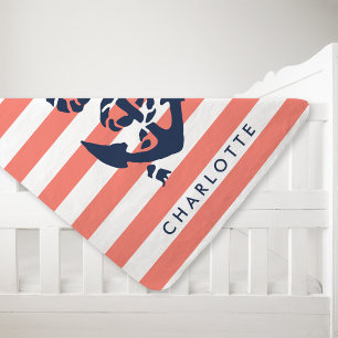 Nautical Nursery Coral Stripe Anchor Personalized Swaddle Blanket