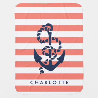 Nautical Nursery Coral Stripe Anchor Personalized Swaddle Blanket