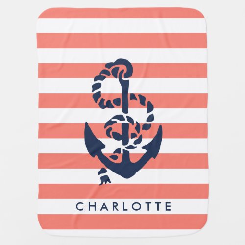 Nautical Nursery Coral Stripe Anchor Personalized Swaddle Blanket