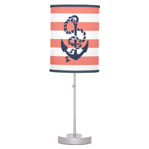 Nautical Nursery Coral Stripe  Navy Anchor Table Lamp