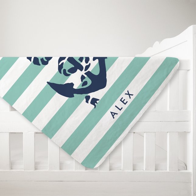 Nautical Nursery Mint Stripe Anchor Personalized Stroller Blanket (Creator Uploaded)