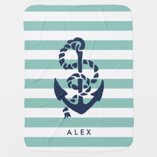 Nautical Nursery Mint Stripe Anchor Personalized Stroller Blanket