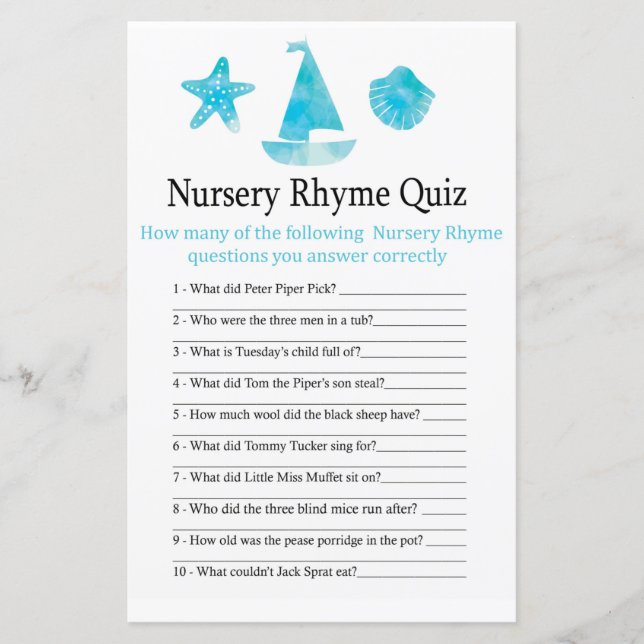 Nautical Nursery Rhyme Quiz baby shower game (Front)