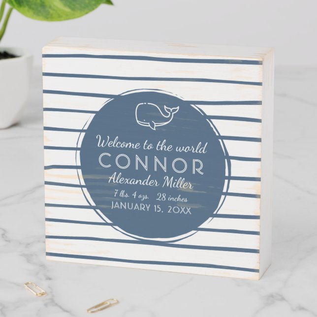 Nautical Nursery Whale Baby Birth Stats Wooden Box Sign (In Situ Horizontal)