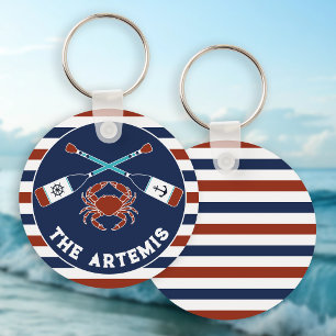 Nautical Oars Crab Striped Border Boat Name Keychain