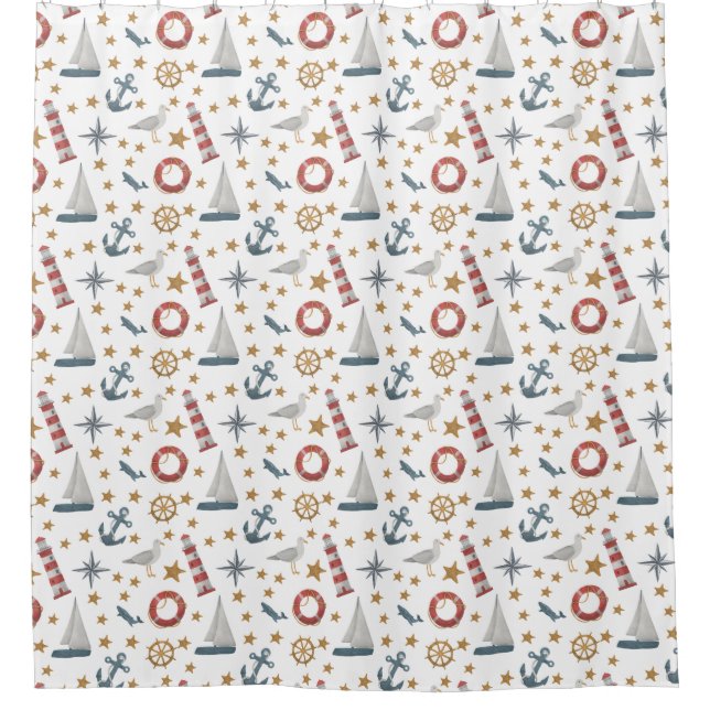  Nautical Ocean Anchor Compass Rose Sailboat Shower Curtain (Front)