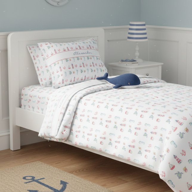 Nautical Ocean Animals Boat and Lighthouse Pillow Case (Creator Uploaded)