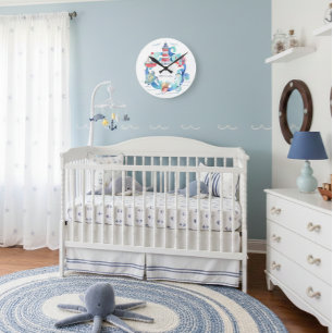 Nautical Ocean Animals Boat and Lighthouse Round Clock