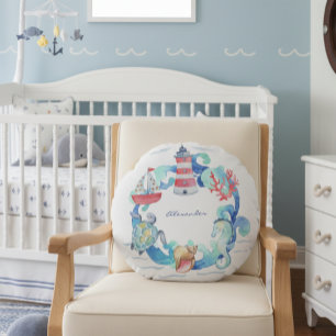 Nautical Ocean Animals Boat and Lighthouse Round Pillow