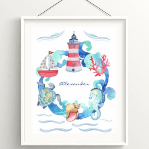 Nautical Ocean Animals Boat Nursery Decor Poster