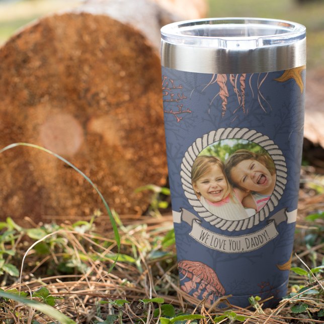Nautical Ocean Animals Navy Blue Father's Day  Insulated Tumbler (Nautical Rope Photo Frame Ocean Life Hand-Drawn Illustrations in Black Ink.
Editable Photo & Text.
)