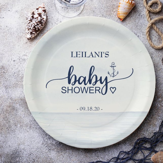 Nautical Ocean Baby Shower Anchor Paper Plates (Celebrate the upcoming arrival of your little sailor with our Nautical Ocean Baby Shower Plates.)