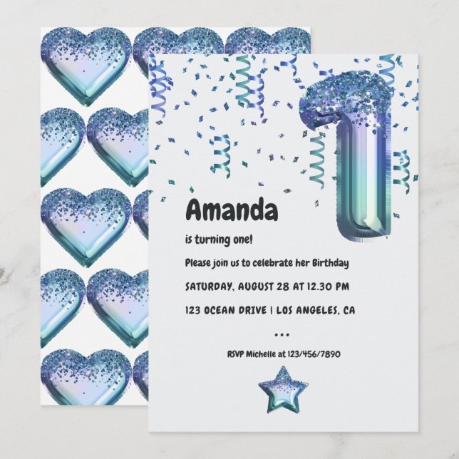 Nautical Ocean Balloon 1st Birthday Invitation (Front/Back)