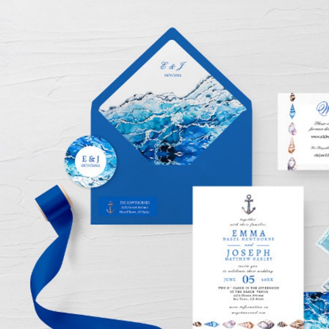 Nautical Ocean Beach blue modern Wedding Envelope (Creator Uploaded)