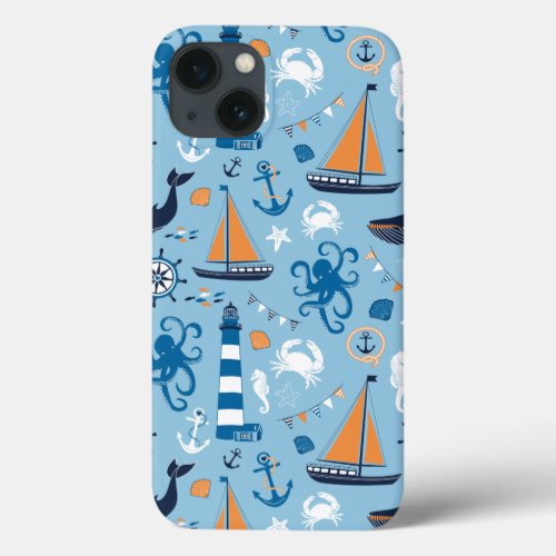 Nautical Ocean Blue and Orange iPhone 13 Case