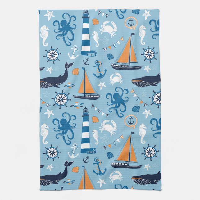 Nautical Ocean Blue and Orange Kitchen Towel (Vertical)