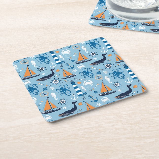Nautical Ocean Blue and Orange Square Paper Coaster (Angled)