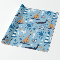 Nautical Ocean Blue and Orange Wrapping Paper