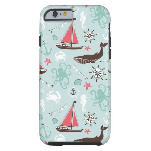 Nautical Ocean Blue and Rose Tough iPhone 6 Case