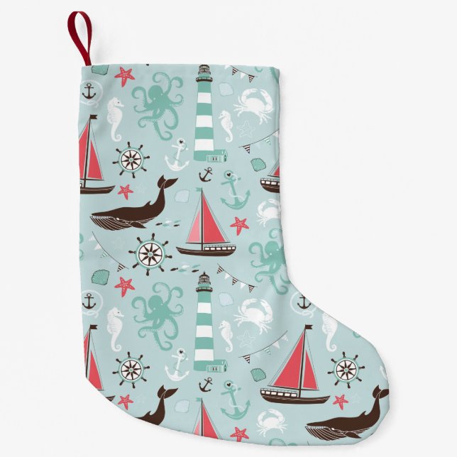 Nautical Ocean Blue and Rose Small Christmas Stocking (Front)