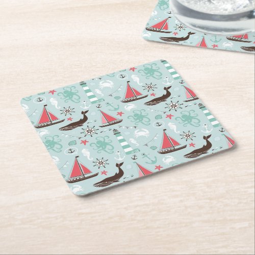 Nautical Ocean Blue and Rose Square Paper Coaster