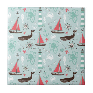 Nautical Ocean Blue and Rose Tile