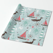 Nautical Ocean Blue and Rose Wrapping Paper