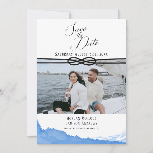 Nautical Ocean Blue Watercolor Photo Save The Date (Front)