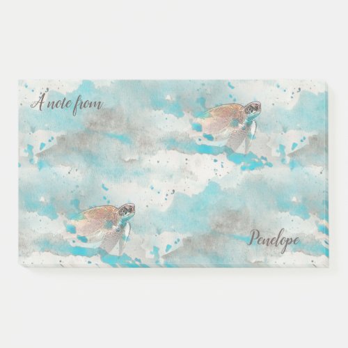Nautical Ocean Blue Watercolor Sea Turtle and Name Post_it Notes