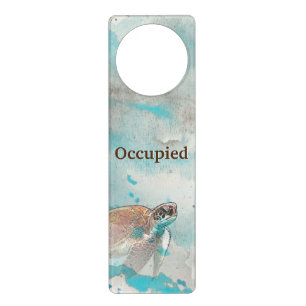 Nautical Ocean Blue Watercolor Sea Turtle Occupied Door Hanger