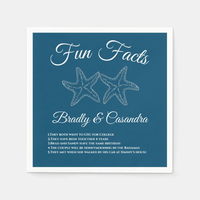 Nautical Ocean Blue Wedding Starfish Fun Facts Napkins (Front)