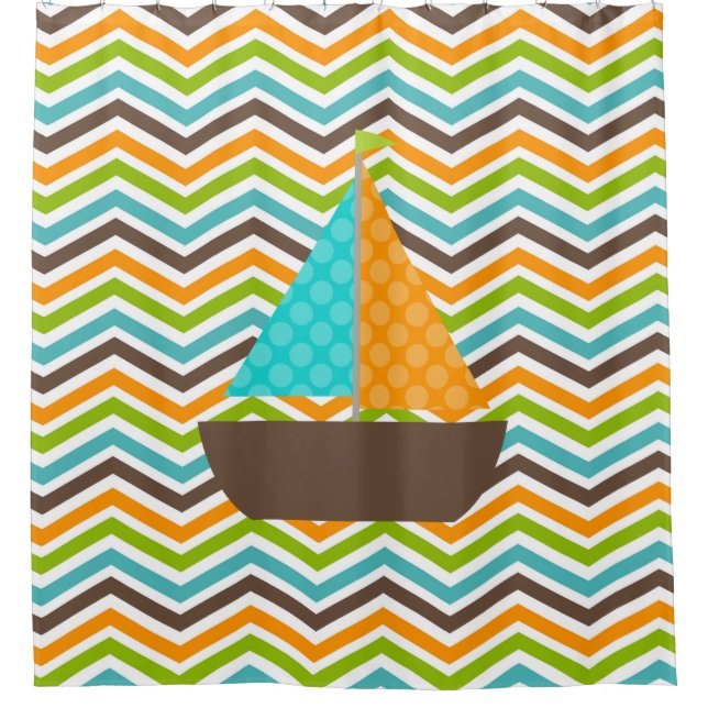Nautical Ocean Bright Sailboat on Chevron Stripes Shower Curtain (Front)