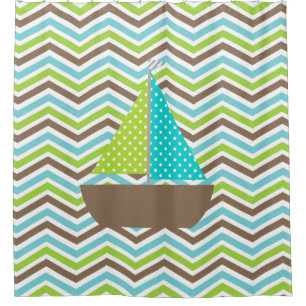 Nautical Ocean Bright Sailboat on Chevron Stripes Shower Curtain