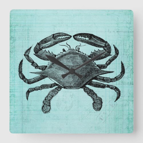 Nautical Ocean Crab Antique Art Teal Paper Design Square Wall Clock
