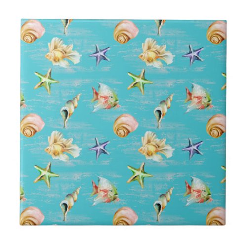 Nautical Ocean Fish Shell Starfish Pattern Ceramic Tile