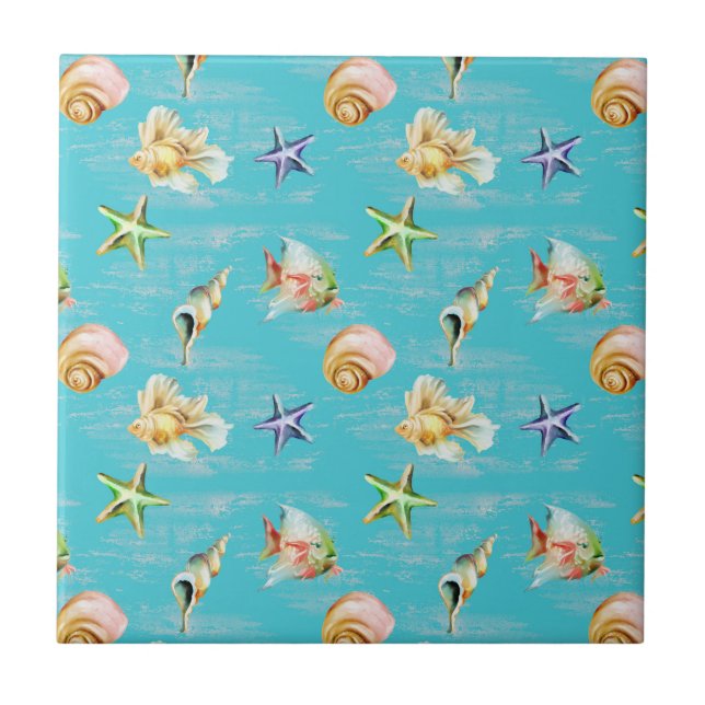 Nautical Ocean Fish Shell Starfish Pattern Ceramic Tile (Front)