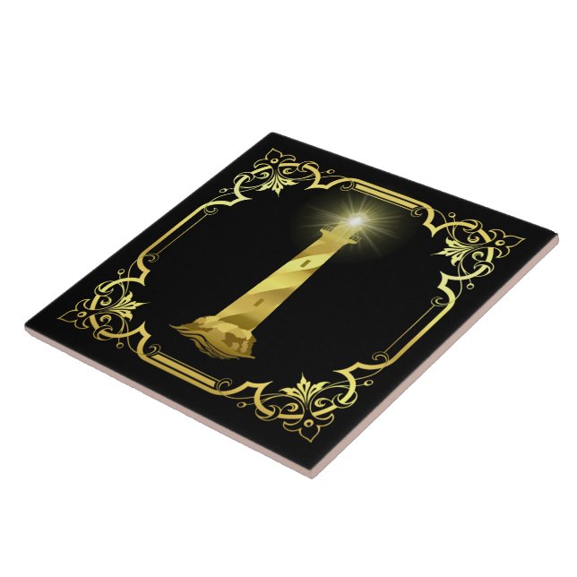 Nautical ocean lighthouse silhouette/gold/black ceramic tile (Side)