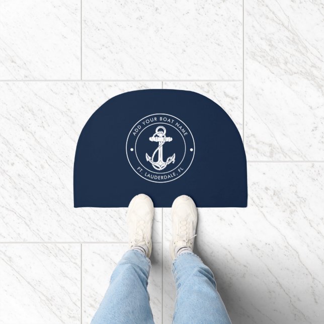 Nautical Ocean Navy Blue Anchor Boat Name Custom Doormat (Indoor)