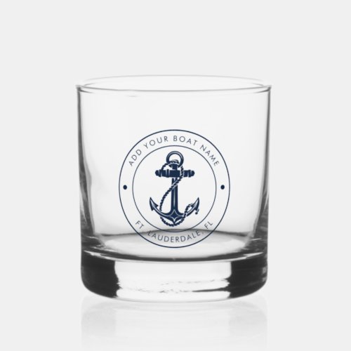 Nautical Ocean Navy Blue Anchor Boat Name Custom Whiskey Glass