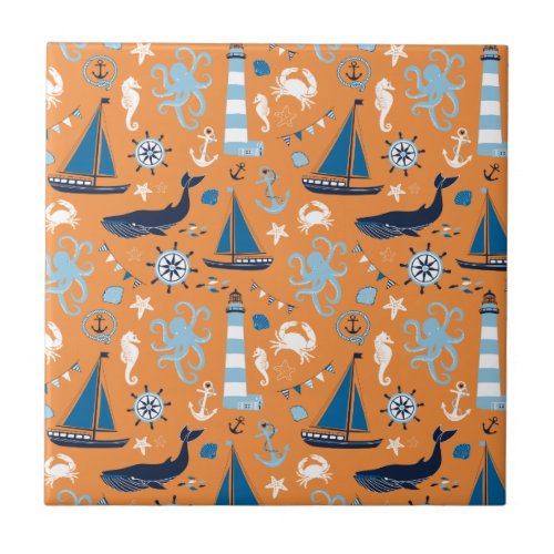 Nautical Ocean Orange Ceramic Tile