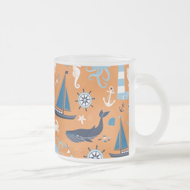 Nautical Ocean Orange Frosted Glass Coffee Mug (Right)