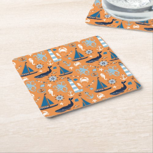 Nautical Ocean Orange Square Paper Coaster