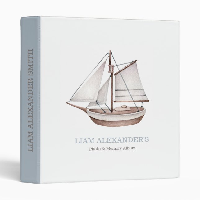 Nautical Ocean Sailboat Baby Photo Album 3 Ring Binder (Front/Spine)