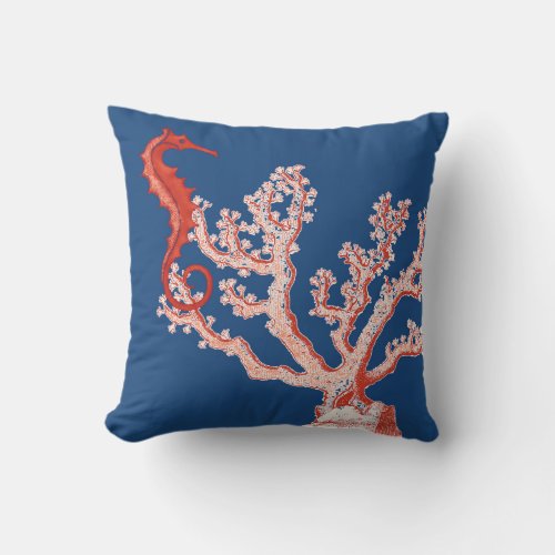 Nautical Ocean Sea Life Red Coral Seahorse Vintage Throw Pillow