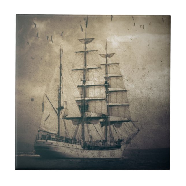 Nautical Ocean Sea Vintage Sailing sailboat Ceramic Tile (Front)