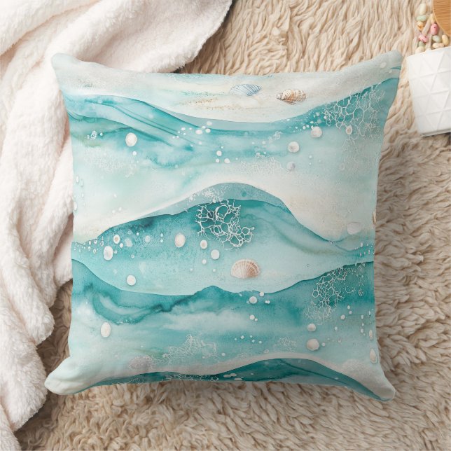 Nautical Ocean Seashell Pattern Throw Pillow (Blanket)