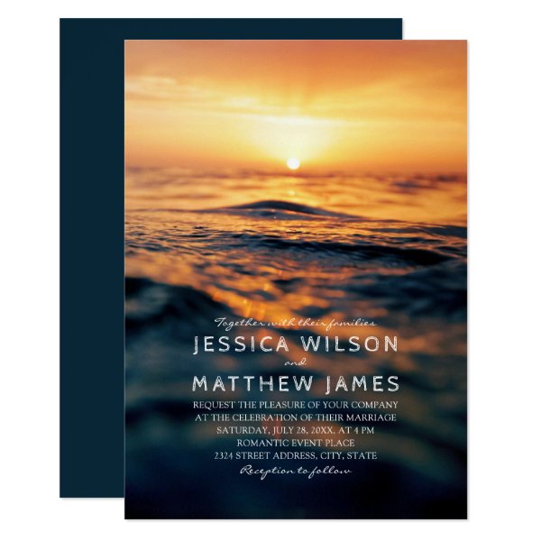 256253390119685225 Nautical Ocean Sunset Beach Themed Wedding Invitation